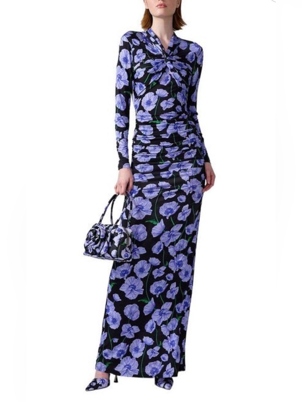 Carolina Herrera Black Blue Floral Ruched Maxi Dress Long Sleeve NWT